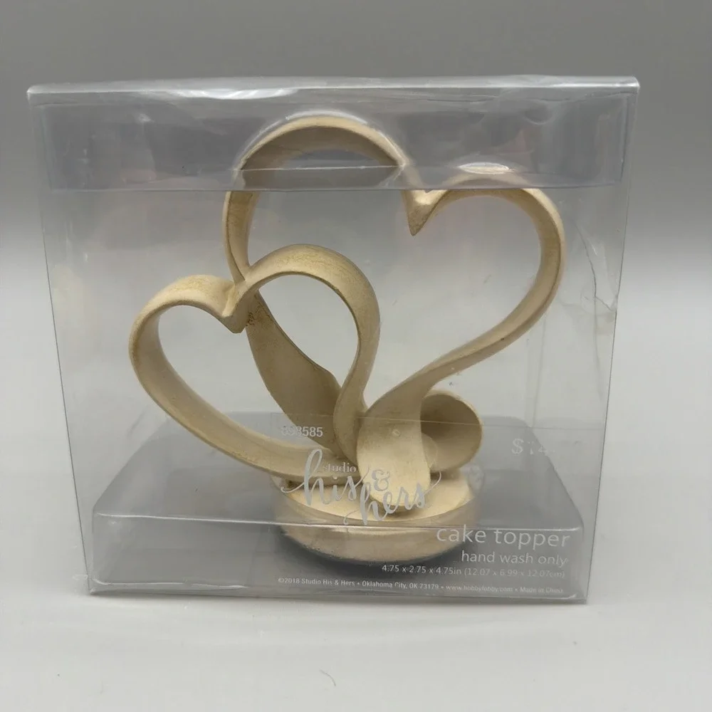 Wedding Cake Topper Wooden Double Heart Luster Tan Sculpture 4.5 inch tall